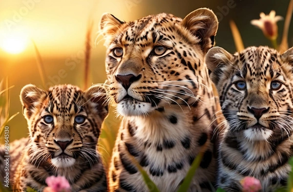 Fototapeta Jaguar Leopard family, cubs, love, photographic image with animals perfect for wall decoration