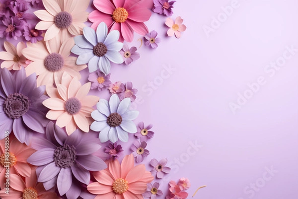 Fototapeta Beautiful flowers on lilac background. Card for Easter, Women's Day, Mother's Day, Valentine's Day with a place for text.