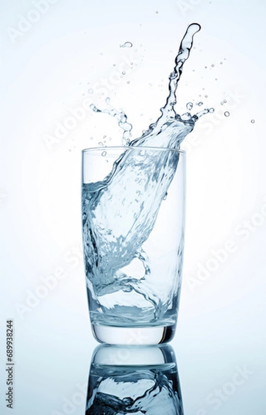 Fototapeta Drinking water pours out of a glass. Clean transparent drinking water. Bubbles, drops and splashes. Water advertising. Health, diet, sports, energy, thirst. White and light yellow background.