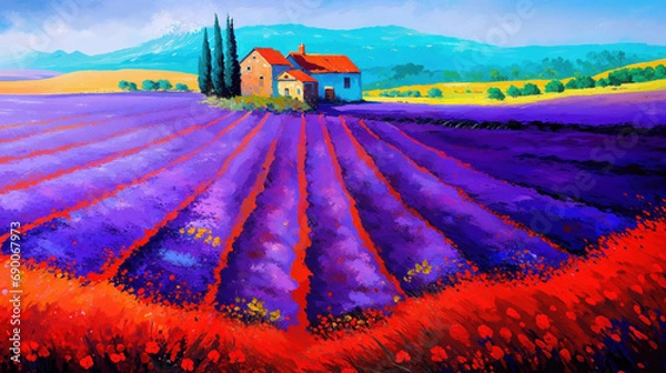 Fototapeta Artistic painting depicting lavender fields in Tuscany, bright and wonderfully vivid colors of purple, red with yellow and grass green hills - Italian rural countryside splendor rustic farmhouse.