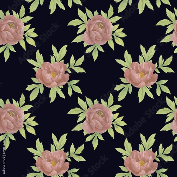 Fototapeta Seamless floral pattern with peony flowers and green leaves on a dark background, watercolor. Design of templates for interior, clothing, wallpaper, textiles.