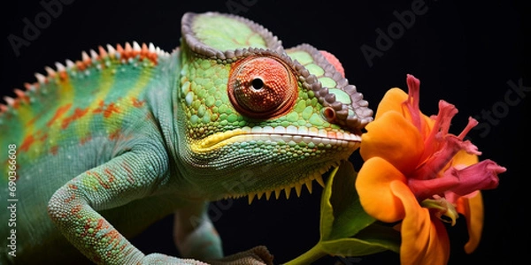 Fototapeta Chameleon on the flower. Beautiful extreme close-up created with Generative Ai