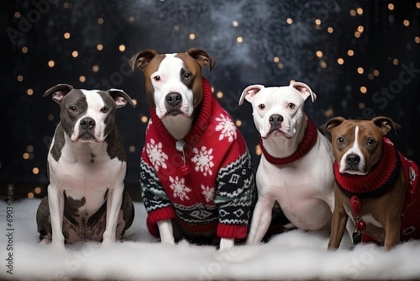 Fototapeta Amstaff dog family wearing ugly Christmas sweaters.