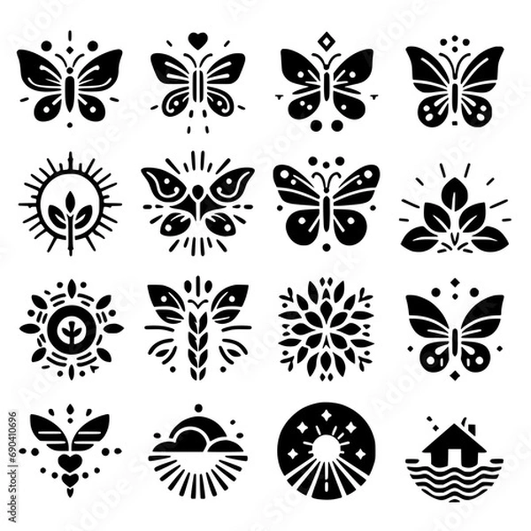 Fototapeta black and white butterfly icon set