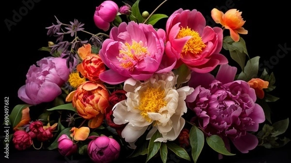 Fototapeta A bouquet of bright peonies against a dark, contrasting background for a dramatic effect.