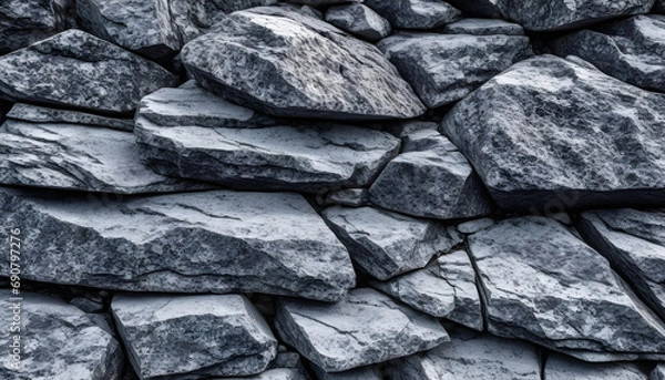 Fototapeta Black white rock texture. Dark gray stone granite background for design. Rough cracked mountain surface. Close-up. Crumbled.