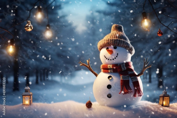 Fototapeta Cute snowman in snow with senta hat for happy christmas and new year festival winter wallpaper. AI