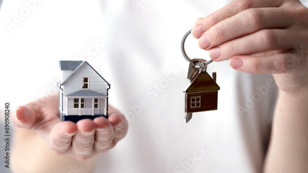 Fototapeta A model of a house or a keychain in the hands of a realtor