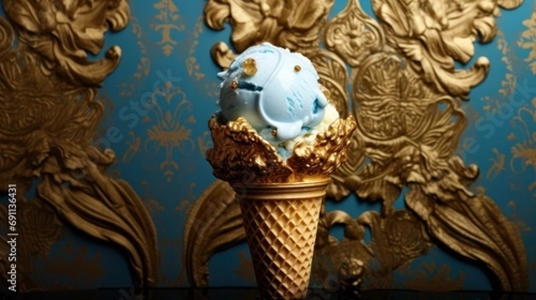 Fototapeta  an ice cream cone with a blue ice cream cone on top of it in front of a blue and gold wallpapered room with a gold leafy design.