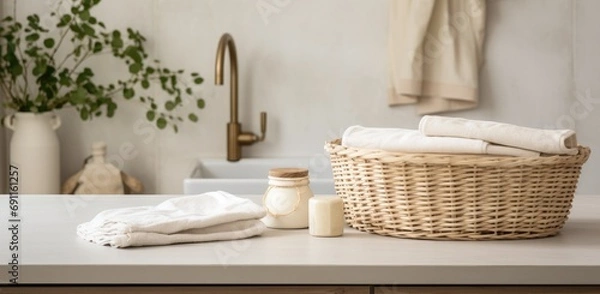 Fototapeta a basket with laundry is on the counter of a kitchen