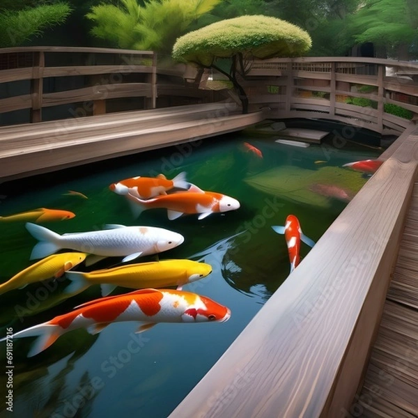 Fototapeta A serene Japanese koi pond with colorful fish and a wooden bridge2