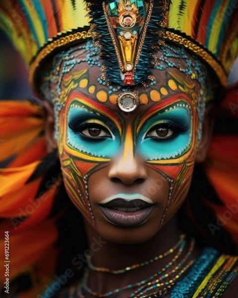 Fototapeta Woman with carnival mask and colorful feathers