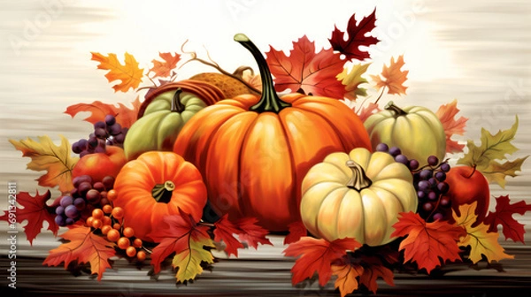 Fototapeta pumpkins and autumn leaves Festive autumn decor from pumpkins, flowers and fall leaves. Concept of Thanksgiving day or Halloween.
