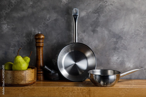 Fototapeta Steel frying pans in the kitchen