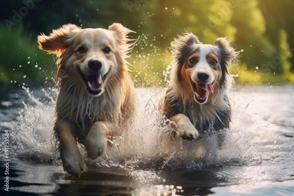 Fototapeta two dogs joyfully splashing through a river. Generative AI 