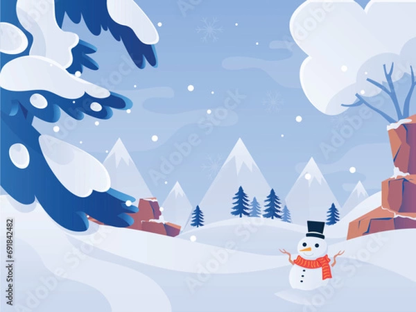 Fototapeta Winter landscape with snowy background. Product banner illustration, template with snowman concept.