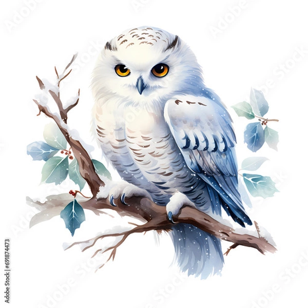 Fototapeta snowy owl watercolor illustration, winter animal