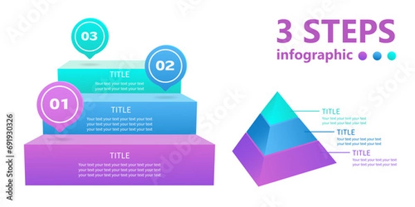 Fototapeta A set of business infographics. Staircase and pyramid of 3 steps. 3 D. Vector illustration.