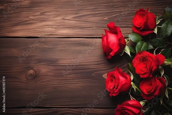 Fototapeta Bouquet of red roses on brown wooden background