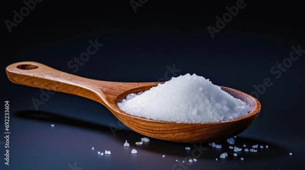 Fototapeta The sea salt in a wooden spoon on a clean background is isolated