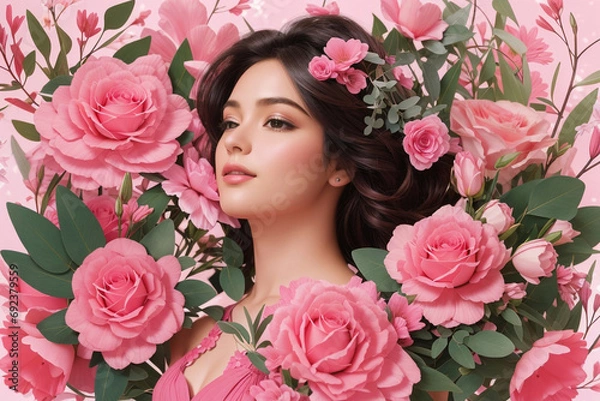 Fototapeta a woman surrounded by pink flowers and greenery, a photorealistic