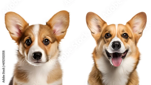 Fototapeta Set of Welsh Corgi: Close Up of Puppy Dog and Adult Dog, Isolated on Transparent Background, PNG