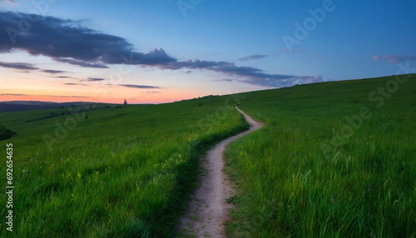 Fototapeta Picturesque winding path through a green grass field in at sunset