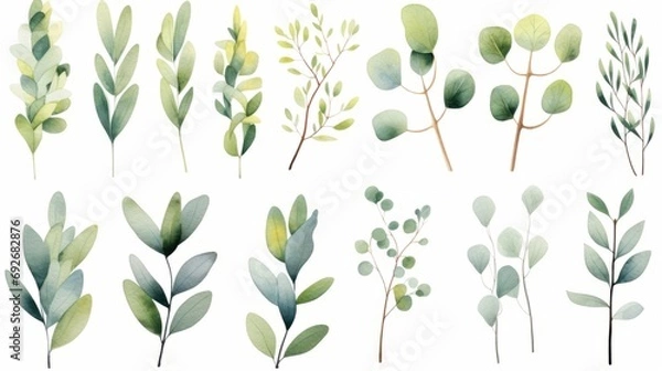 Fototapeta Watercolor set of eucalyptus leaves. illustration Generative AI