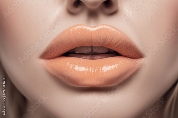 Obraz close up of beautiful womans lips painted with peach fuzz color of the year 2024, color of the year, people concept, generative ai