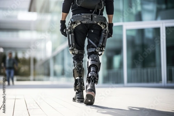 Fototapeta Patient with injuries walks with an advanced robotic exoskeleton in a futuristic rehabilitation center