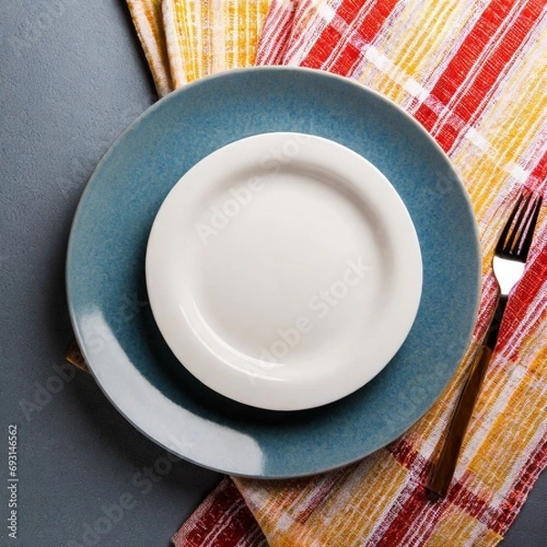 Fototapeta Top view on dark blue background empty round white plate on tablecloth for food. 