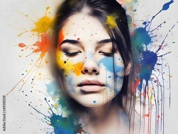 Fototapeta Splatter paint on woman face isolated on white. A profile portrait of a young woman combined with an abstract watercolor painting. Female portrait with grungy splashes. Happy holi.