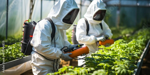 Fototapeta Two agricultural workers in protective suits spraying plants with pesticide in a sunlit greenhouse, ensuring crop health and pest control