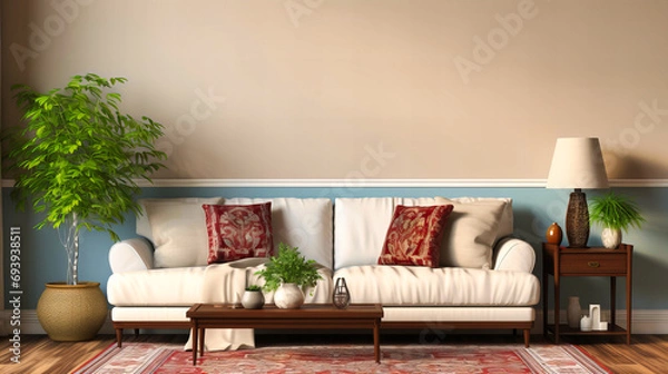 Fototapeta Classic Living Room Elegance with White Sofa, Red Accent Pillows, and Lush Greenery