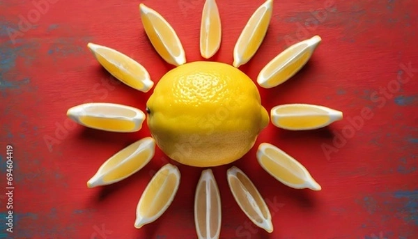 Fototapeta Sun made of lemon on bright red background. 