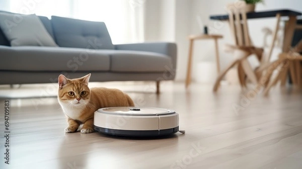 Fototapeta A Cat Sits on a Robot Vacuum 