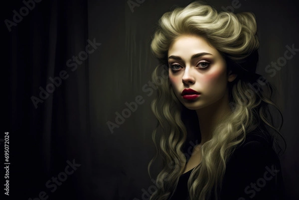 Fototapeta Enigmatic woman with voluminous curly hair and a deep gaze, dressed in black, against a smoky dark backdrop, exuding mystery and elegance