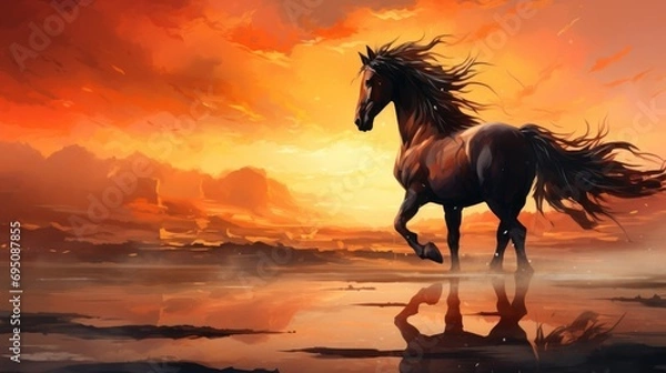 Fototapeta  a painting of a horse running across a body of water in front of an orange and red sky with clouds.