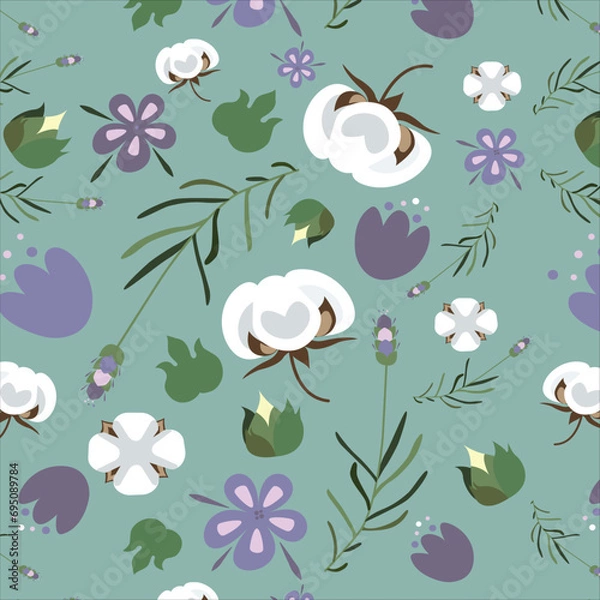 Fototapeta Floral pattern with lavanda and cotton. Transparent blue background. You can use it for print on textile, warapping paper, tablecloths, other kitchen textille, pillows, bed sheets, eco bag, etc.