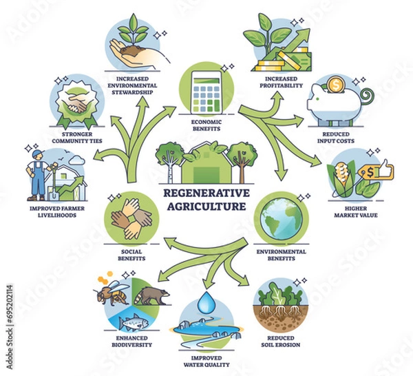 Obraz Regenerative agriculture cycle and sustainability practices outline diagram. Labeled educational scheme with natural and ecological farming vector illustration. Biodiversity protection with gardening