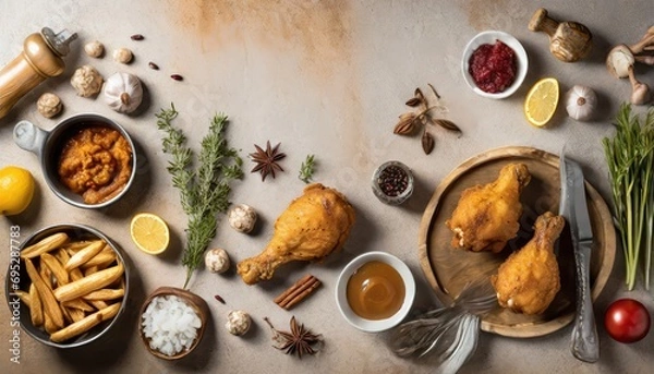 Fototapeta Copy Space image of Breaded chicken drumstick, leg, wing and breast tenders strips. Dark Wooden background.