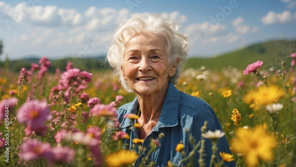 Fototapeta Bella signora pensionata di 80 anni felice in un prato fiorito pieno di fiori colorati in primavera