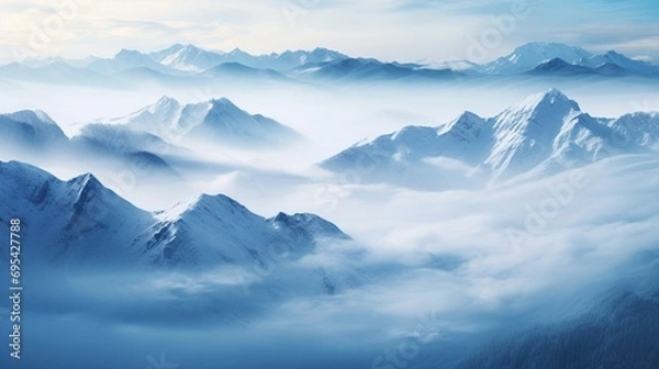 Fototapeta  a mountainous expanse enveloped in a snowfall during a foggy morning. The fog should gently veil parts of the landscape, imparting a sense of mystery and depth. The snowflakes should be depicted fall