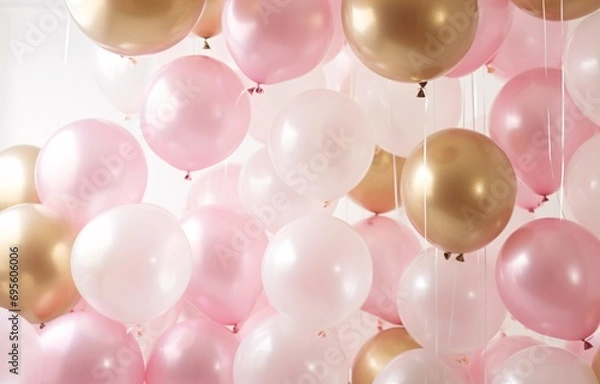 Obraz Pink and Gold Balloons Hanging from String Generative AI