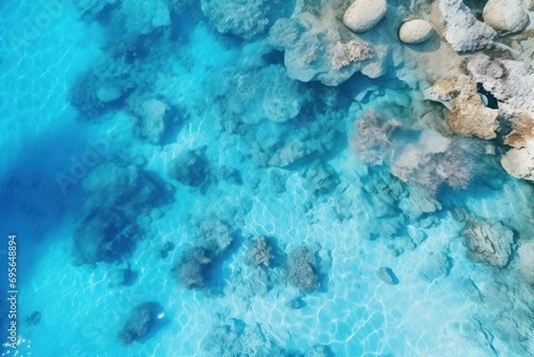 Fototapeta Aerial view texture of a coral reef in tropical blue water