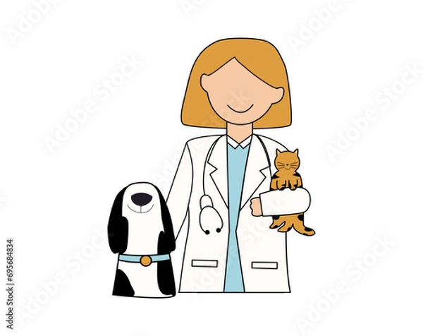 Fototapeta Pet veterinarian icon element. Veterinary doctor treating animal. Female vet with cat and dog. Idea of pet care. Animal medical treatment. Vet and pet vector flat illustration.