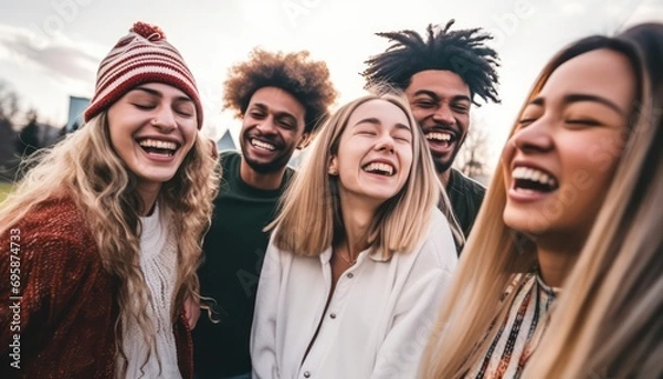 Fototapeta Multiracial group of friends taking selfie pic outside, Happy different young people having fun walking in city center, Youth lifestyle with guys and girls enjoying day out together