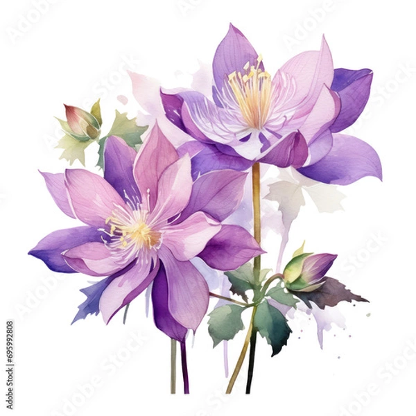 Fototapeta Big Blooming Purple Columbine Flower Botanical Watercolor Painting Illustration