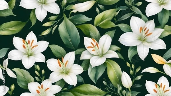 Fototapeta pattern with white flowers and green leaves on black background,seamless floral background ,vector, 3d 