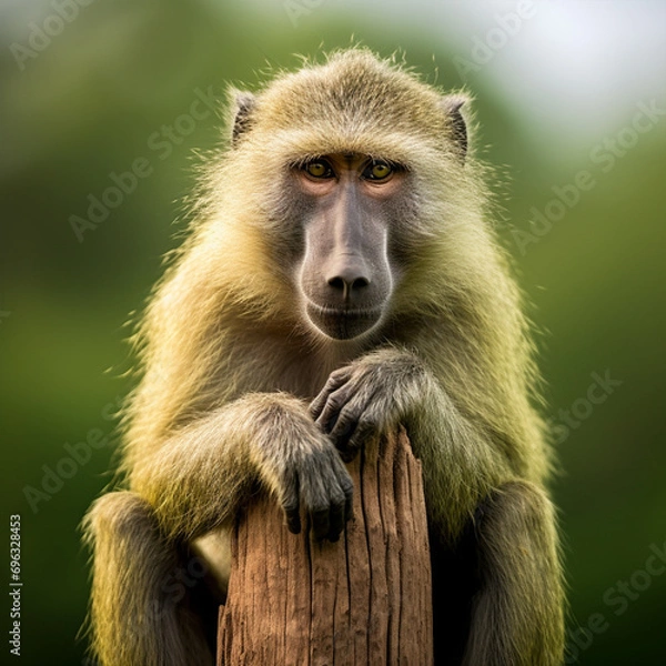 Fototapeta Olive baboon sitting on concrete post against green background, ai technology